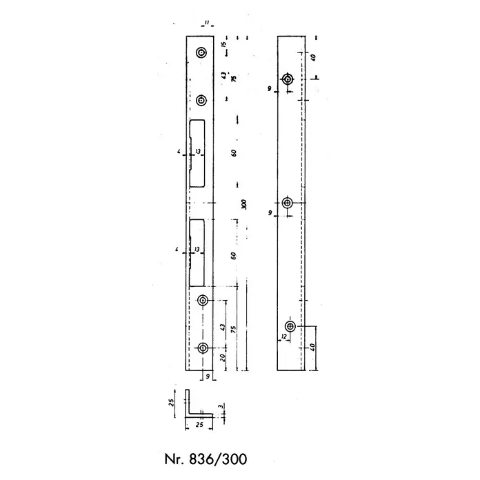 Stabilit Winkelblech - L x B x H: 300 x 25 x 25 mm, Metall - Technische Zeichnung eines Türbeschlags mit genauen Maßangaben, inklusive Ankerblech und Bolzenpositionen.