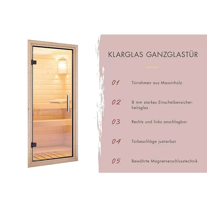 Karibu Saunahaus Laguna - L x B x H: 287,5 x 219,5 x 244 cm, Naturbelassen, Mit 9 kW Ofen mit externer Steuerung - Klarglas-Saunatür mit hellem Holzrahmen.