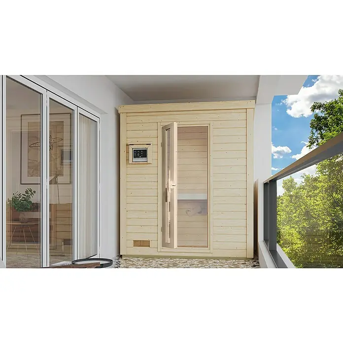 Karibu Saunahaus Hytti - Mit 9 kW Saunaofen mit externer Steuerung, L x B x H: 113 x 196 x 228 cm, Naturbelassen - Einladende Sauna im Außenbereich mit hellem Holz und Glastür. Steuerungselemente sind gut sichtbar platziert für einfachen Zugriff.