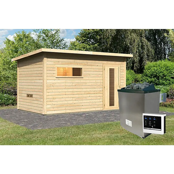 Karibu Saunahaus Hytti - Mit 9 kW Saunaofen mit externer Steuerung, L x B x H: 231 x 396 x 218 cm, Naturbelassen - Abbildung einer Outdoor-Sauna mit Holzverkleidung und einem Saunaofen mit Steinen im Vordergrund. Ideal für Entspannung im eigenen Garten.