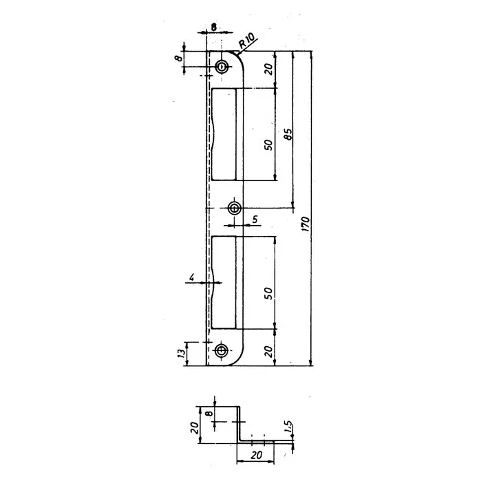 Stabilit Winkelblech - L x B x H: 170 x 20 x 20 mm - Technische Zeichnung eines Türbeschlags mit detaillierten Maßangaben. Ideal für Bau und Design.