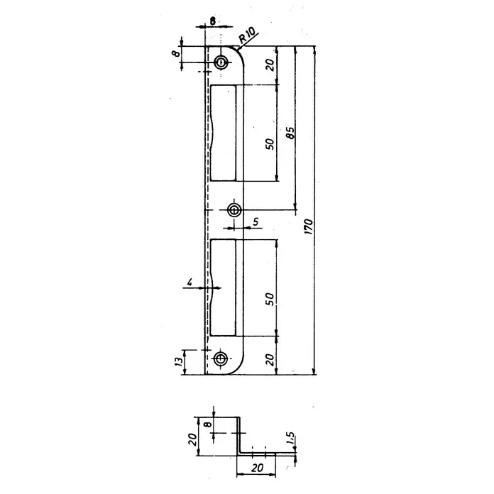 Stabilit WinkelblechL x B x H: 170 x 20 x 20 mm - Technische Zeichnung eines Türbeschlags mit detaillierten Maßangaben. Ideal für Bau und Design.