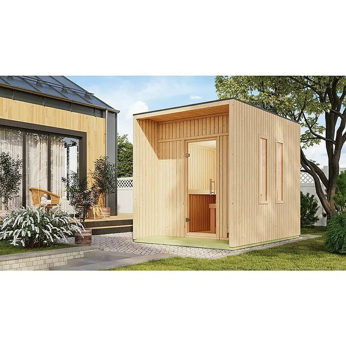 Karibu Saunahaus Laguna - L x B x H: 287,5 x 219,5 x 244 cm, Naturbelassen, Mit 9 kW Ofen mit externer Steuerung - Außenansicht einer modernen Holzsauna mit Glastür und Fenstern. Die Sauna steht im Garten neben einem Haus.