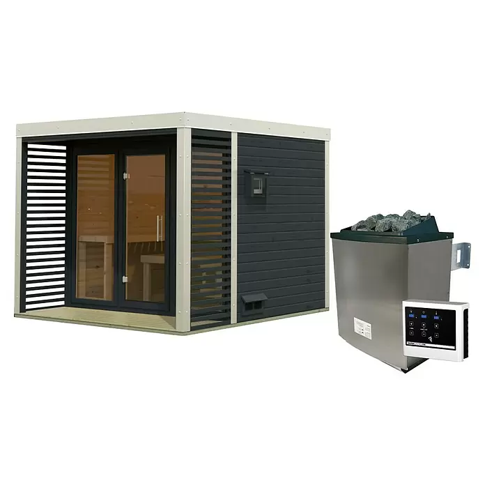 Karibu Saunahaus Ares - Elektroofen, Steuerung Ofen: Extern, L x B x H: 276 x 276 x 231,5 cm - Außen-Saunakabine mit dunkelgrauen Holzlamellenwänden, Glastür und separatem Edelstahl-Saunaofen mit Bedienfeld.