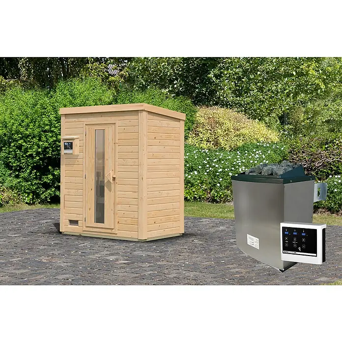 Karibu Saunahaus Hytti - Mit 9 kW Saunaofen mit externer Steuerung, L x B x H: 113 x 196 x 228 cm, Naturbelassen - Ein rustikales Außensauna-Set mit Ofen und Steuerung, ideal für entspannende Momente im Garten.