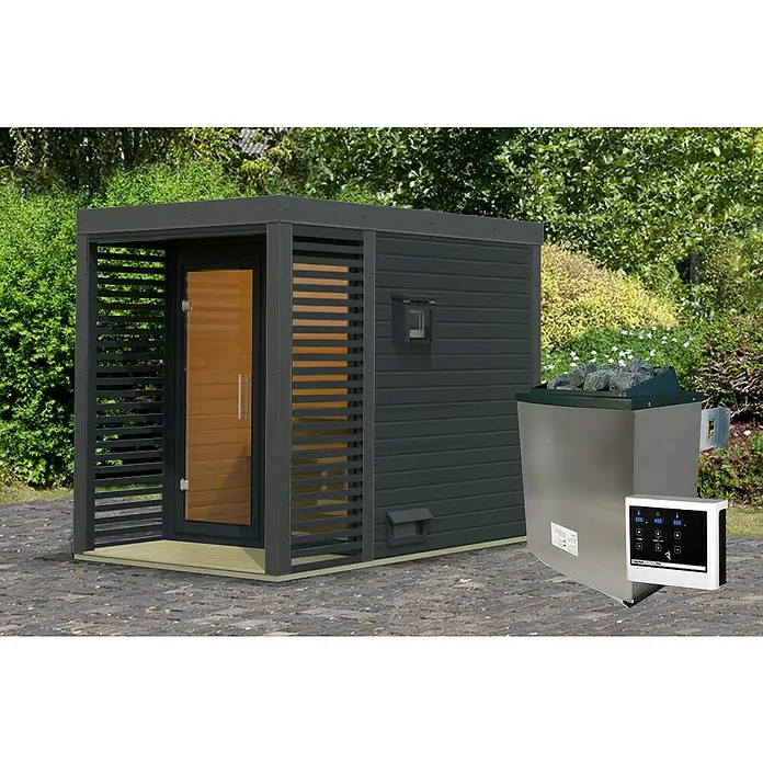 Karibu Saunahaus Ares - Elektroofen, Steuerung Ofen: Extern, L x B x H: 276 x 191 x 231,5 cm - Eine moderne Außensauna mit Holzwänden und Glasfront sowie einem Saunaofen mit Steinen. Ideal für Entspannung im eigenen Garten.