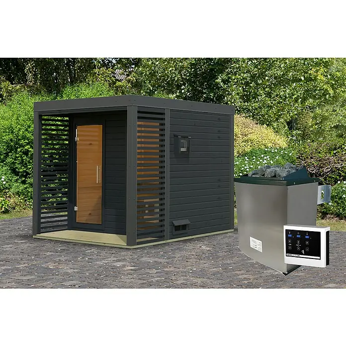 Karibu Saunahaus Ares - Elektroofen, Steuerung Ofen: Extern, L x B x H: 276 x 231 x 231,5 cm - Bild eines modernen Saunahauses mit Holzofen. Das Saunahaus hat eine dunkle Holzverkleidung und eine Glastür, der Ofen ist aus Edelstahl.