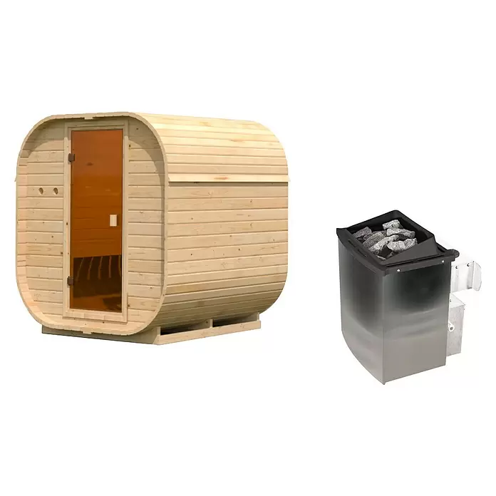 Karibu Saunahaus Skadi 1 - 9 KW Ofen mit interner Steuerung, Natur, L x B x H: 175 x 199 x 205 cm - Helle Holzfasssauna mit einem Ofen mit Steinen. Perfekt für ein entspannendes Spa-Erlebnis.