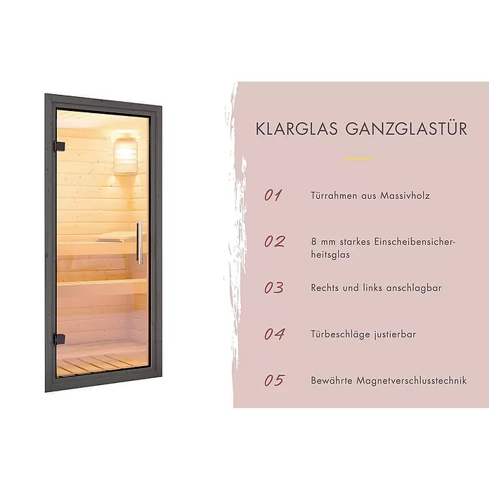 Karibu Saunahaus Ares - Elektroofen, Steuerung Ofen: Extern, L x B x H: 276 x 276 x 231,5 cm - Klarglas-Saunatür mit Massivholzrahmen und Metallgriff.