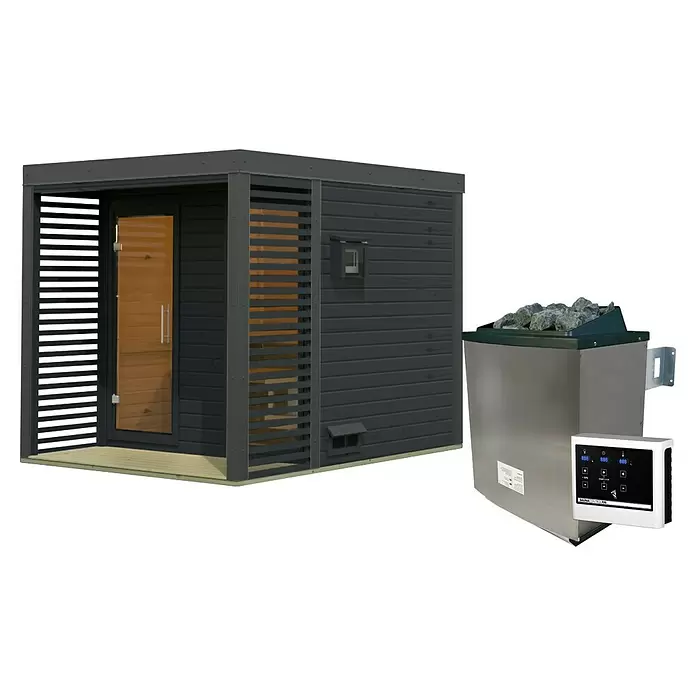 Karibu Saunahaus Ares - Elektroofen, Steuerung Ofen: Extern, L x B x H: 276 x 231 x 231,5 cm - Dunkelgraue Outdoor-Saunakabine mit Glastür, Holzlamellen und hellem Holzboden, dazu ein Edelstahl-Saunaofen mit digitalem Bedienfeld.