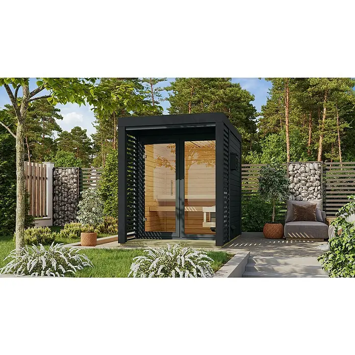 Karibu Saunahaus Ares - Elektroofen, Steuerung Ofen: Extern, L x B x H: 276 x 191 x 231,5 cm - Modernes Gartenhaus mit dunklem Holzrahmen und Glasfront, umgeben von Grün. Eine stilvolle Ergänzung für jeden Garten mit gemütlicher Atmosphäre.