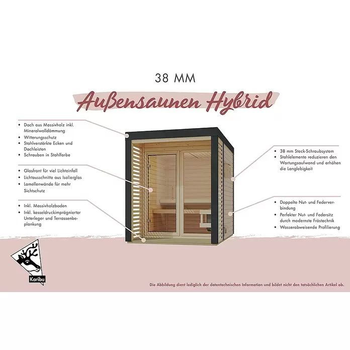 Karibu Saunahaus Ares - Elektroofen, Steuerung Ofen: Extern, L x B x H: 276 x 276 x 231,5 cm - Moderne Holzaußensauna mit Glasfront und schwarzen Akzenten, detailliert dargestellt.