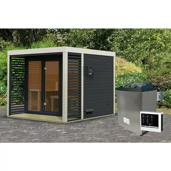 Karibu Saunahaus Ares - Elektroofen, Steuerung Ofen: Extern, L x B x H: 276 x 276 x 231,5 cm - Außensaunakabine aus dunkelgrauem Holz mit Glastüren und Edelstahl-Saunaofen mit Bedienfeld.