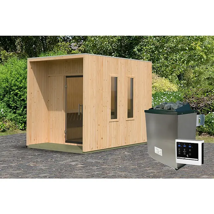 Karibu Saunahaus Laguna - L x B x H: 287,5 x 219,5 x 244 cm, Naturbelassen, Mit 9 kW Ofen mit externer Steuerung - Abbildung einer modernen Außensauna mit Holzverkleidung und einem Saunaofen.