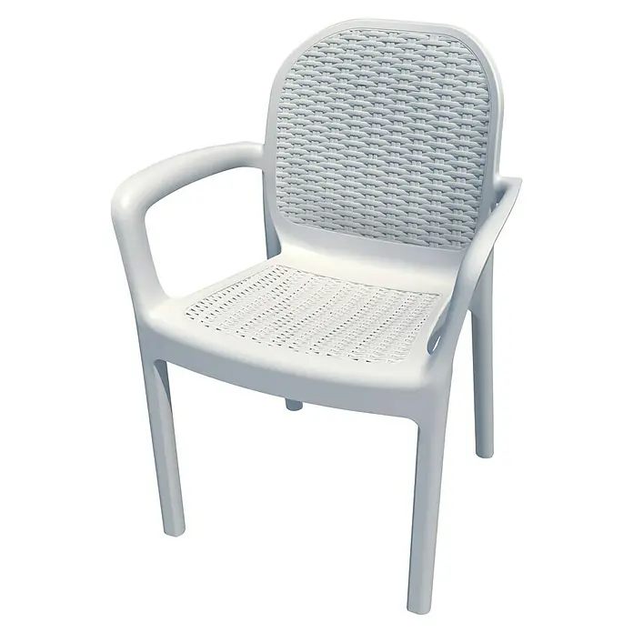 Silla de jardín Miranda - 50,5 x 58 x 83,5 cm, Blanco, Tecnopolímero/Fibra de vidrio, Apilable - Silla de jardín de plástico blanco con reposabrazos y diseño trenzado, ideal para exteriores.