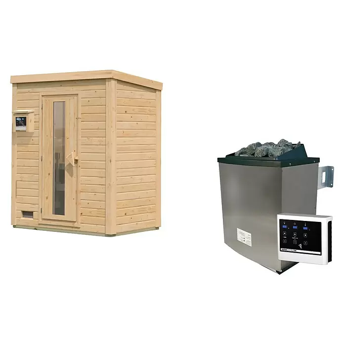 Karibu Saunahaus Hytti - Mit 9 kW Saunaofen mit externer Steuerung, L x B x H: 113 x 196 x 228 cm, Naturbelassen - Hölzerne Saunakabine und Edelstahl-Saunaofen mit digitalem Bedienfeld.