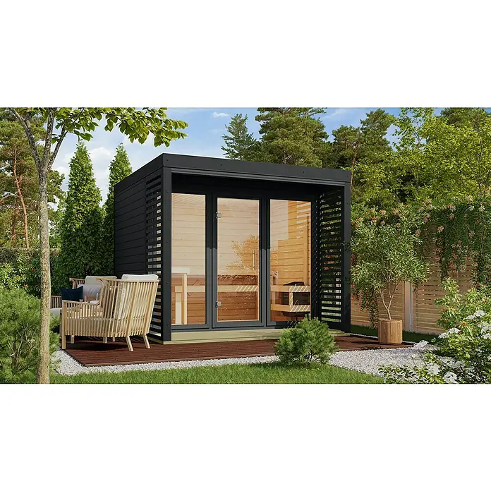 Karibu Saunahaus Ares - Elektroofen, Steuerung Ofen: Extern, L x B x H: 276 x 276 x 231,5 cm - Moderne Gartensauna mit Glasfront und angrenzender Sitzecke im Grünen. Die schwarze Sauna bietet eine entspannende Atmosphäre.