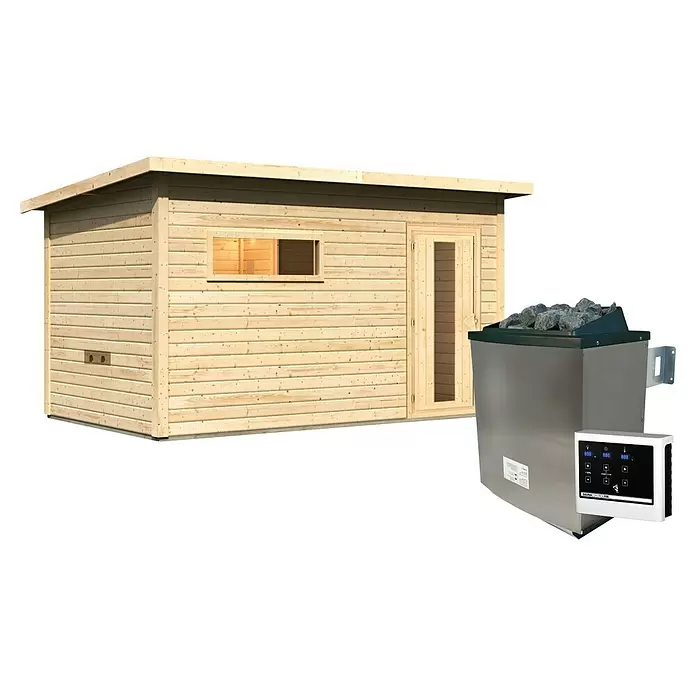Karibu Saunahaus Hytti - Mit 9 kW Saunaofen mit externer Steuerung, L x B x H: 231 x 396 x 218 cm, Naturbelassen - Helle Holzsaunakabine und metallischer Saunaofen mit Bedienfeld und Steinen.