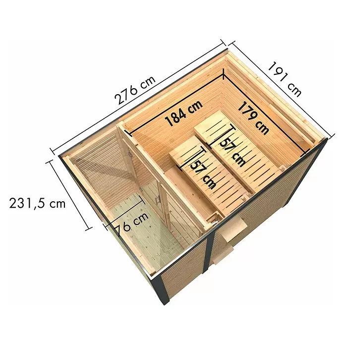 Karibu Saunahaus Ares - Elektroofen, Steuerung Ofen: Extern, L x B x H: 276 x 191 x 231,5 cm - Holzhütte für Sauna mit Maßen, Bänken und Vorraum, in Vogelperspektive dargestellt.