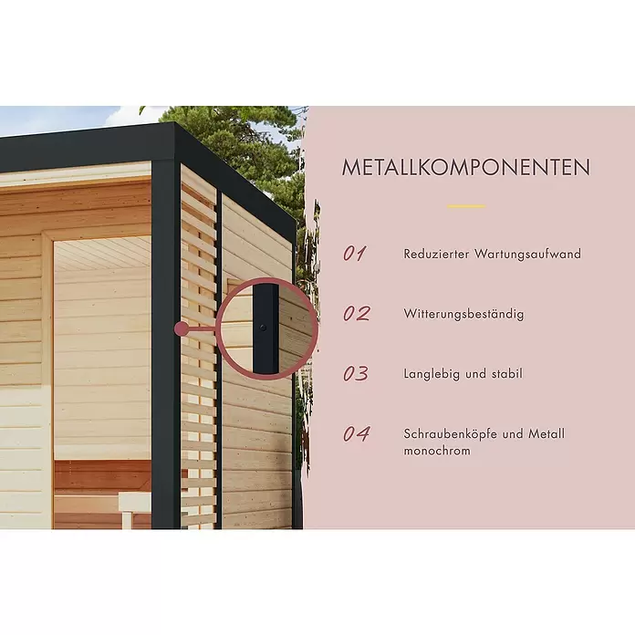 Karibu Saunahaus Ares - Elektroofen, Steuerung Ofen: Extern, L x B x H: 276 x 276 x 231,5 cm - Holzsauna mit schwarzen Metallkomponenten; Detailansicht eines schwarzen Schraubenkopfes in einem Metallprofil.