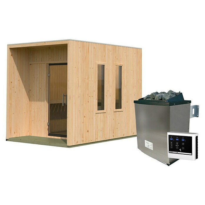 Karibu Saunahaus Laguna (L x B x H: 287,5 x 219,5 x 244 cm, Naturbelassen, Mit 9 kW Ofen mit externer Steuerung) | BAUHAUS