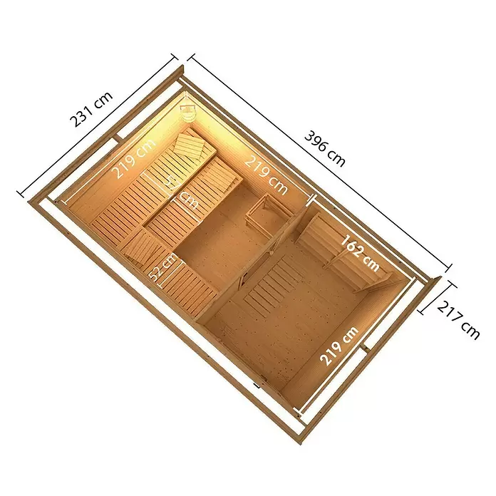 Karibu Saunahaus Hytti - Mit 9 kW Saunaofen mit externer Steuerung, L x B x H: 231 x 396 x 218 cm, Naturbelassen - Hölzerne Saunakabine mit Innenbänken und eingezeichneten Maßen.