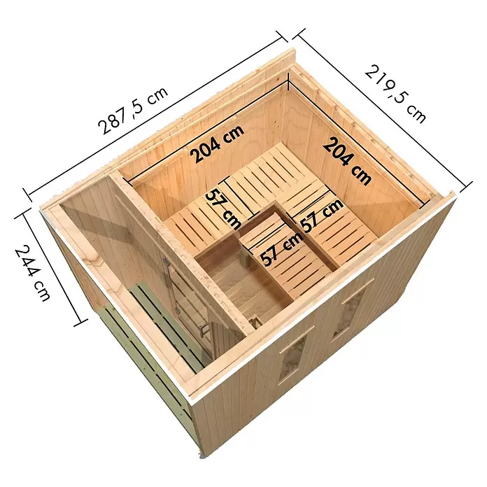 Karibu Saunahaus Laguna - L x B x H: 287,5 x 219,5 x 244 cm, Naturbelassen, Mit 9 kW Ofen mit externer Steuerung - Holzsaunakabine mit Bänken, zeigt Außen- und Innenmaße.