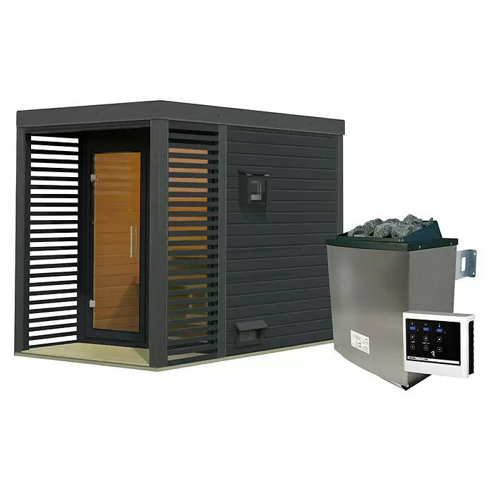 Karibu Saunahaus Ares - Elektroofen, Steuerung Ofen: Extern, L x B x H: 276 x 191 x 231,5 cm - Dunkelgraue Außensaunakabine mit Glastür, dazu ein silberner Saunaofen mit Steinen und digitaler Steuerung.