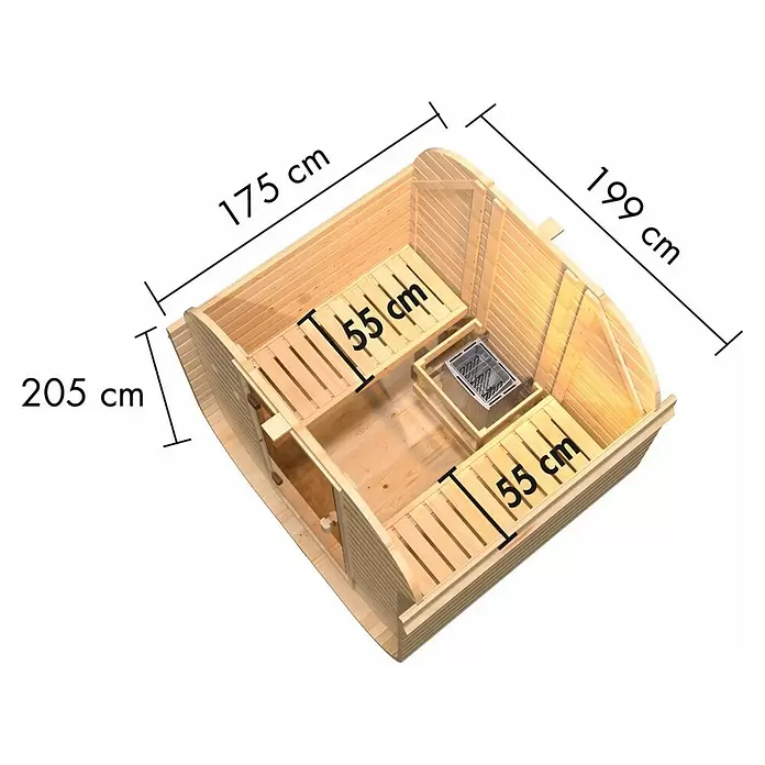 Karibu Saunahaus Quadro 1 - 9 KW Ofen mit externer Steuerung, Natur, L x B x H: 175 x 199 x 205 cm - Innenansicht einer Fasssauna aus hellem Holz mit zwei Bänken und einem Heizgerät, inklusive Bemaßungen für Breite, Länge und Banktiefe.