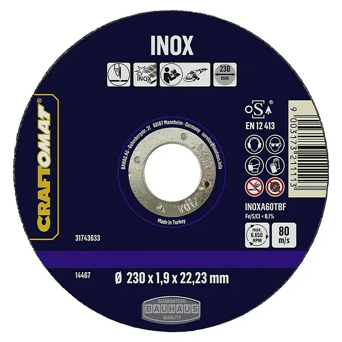 Craftomat Trennscheibe INOXA60TBF - Geeignet für: Edelstahl, Durchmesser Scheibe: 230 mm, Stärke Scheibe: 1,9 mm - Abbildung einer Craftomat INOX Trennscheibe, 230x1,9x22,23mm, für präzise Schnitte. Ideal zum Trennen von Edelstahl und anderen Metallen.