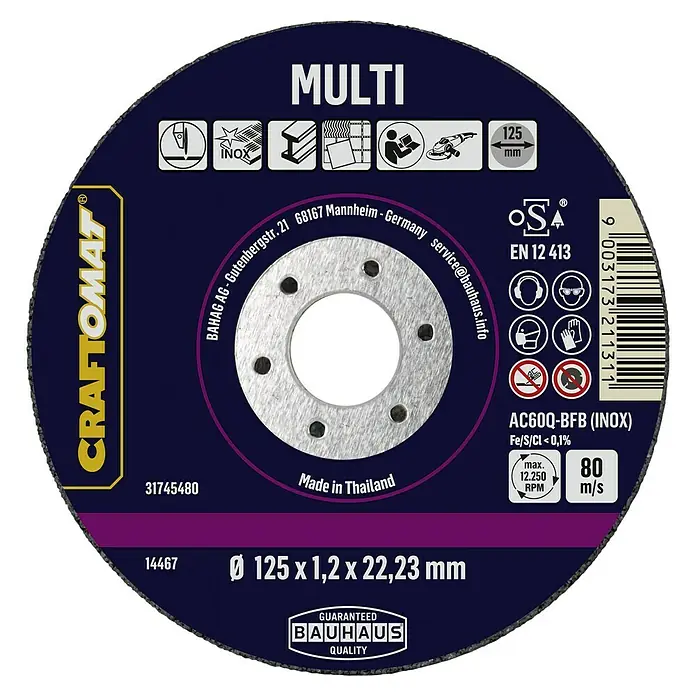 Craftomat Trennscheibe AC60Q-BFB INOX - Geeignet für: Edelstahl, Durchmesser Scheibe: 125 mm, Stärke Scheibe: 1,2 mm, 1 Stk. - Aufnahme des Craftomat Multi Trennscheibe mit den Abmessungen Ø 125 x 1,2 x 22,23 mm, geeignet für diverse Materialien.