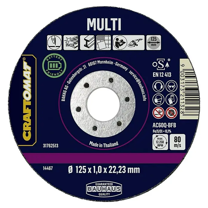 Craftomat Trennscheibe AC60Q-BFB Multi Battery friendly - Geeignet für: Edelstahl, Durchmesser Scheibe: 125 mm, 1 Stk. - CRAFTOMAT Multi Trennscheibe, 125 x 1,0 x 22,23 mm, für verschiedene Materialien, ideal für den Einsatz mit Akku-betriebenen Winkelschleifern.