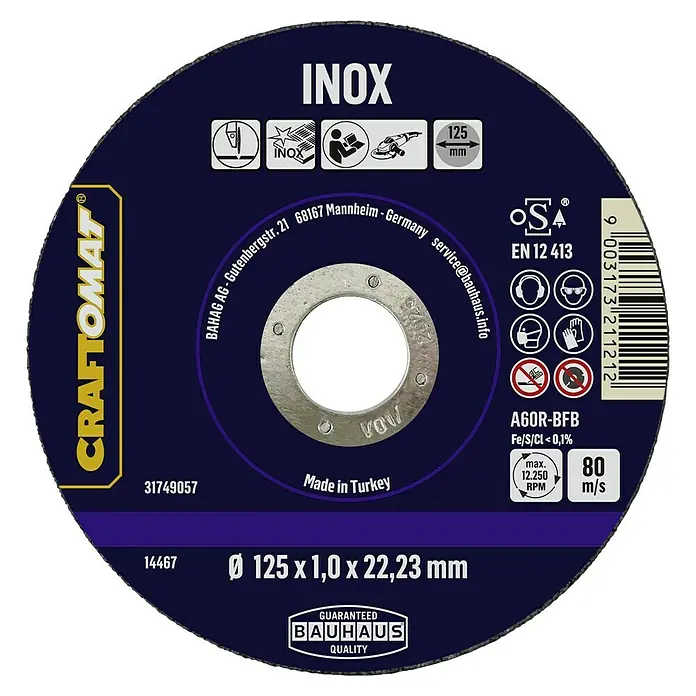 Craftomat Trennscheibe AS60R-BFB - Geeignet für: Edelstahl, Durchmesser Scheibe: 125 mm, Stärke Scheibe: 1 mm - Abbildung einer Craftomat INOX Trennscheibe mit den Maßen 125 x 1,0 x 22,23 mm, geeignet für Edelstahlbearbeitung.