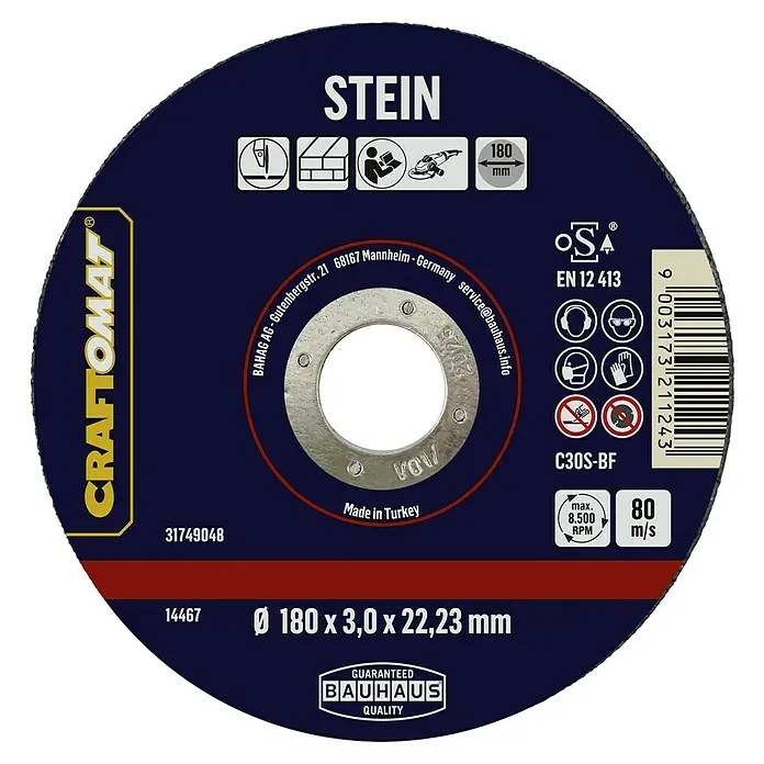 Craftomat Trennscheibe C24R-BF - Geeignet für: Stein, Durchmesser Scheibe: 180 mm, Stärke Scheibe: 3 mm - Trennscheibe „Stein“ mit 180 mm Durchmesser von Craftomat, geeignet zum Trennen von Steinmaterialien. Mit Bauhaus Qualitätsgarantie.