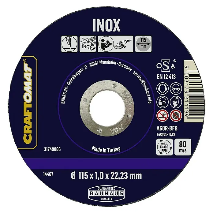 Craftomat Trennscheibe AS60R-BFB - Geeignet für: Edelstahl, Durchmesser Scheibe: 115 mm, Stärke Scheibe: 1 mm - Abbildung einer CRAFTOMAT INOX Trennscheibe, geeignet zum Schneiden von Edelstahl, mit den Maßen 115 x 1,0 x 22,23 mm.