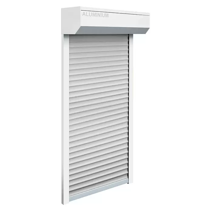 Schellenberg Rollladen-Komplett-Set MINI - Vorbau, 115 x 230 cm - Weißer Aluminium-Rollladen, vollständig geschlossen.