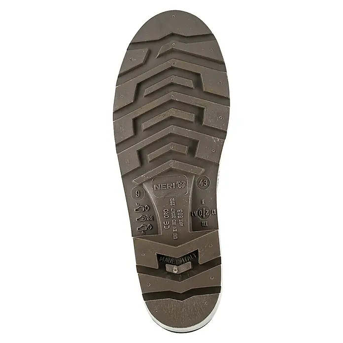 Black Fox Gummistiefel Chaume - Schuhgröße: 47, Grün - Die Sohle eines braunen NERI-Schuhs mit Größenangabe und "Made in Italy" Kennzeichnung. Hochwertige Verarbeitung für Sicherheit und Komfort.