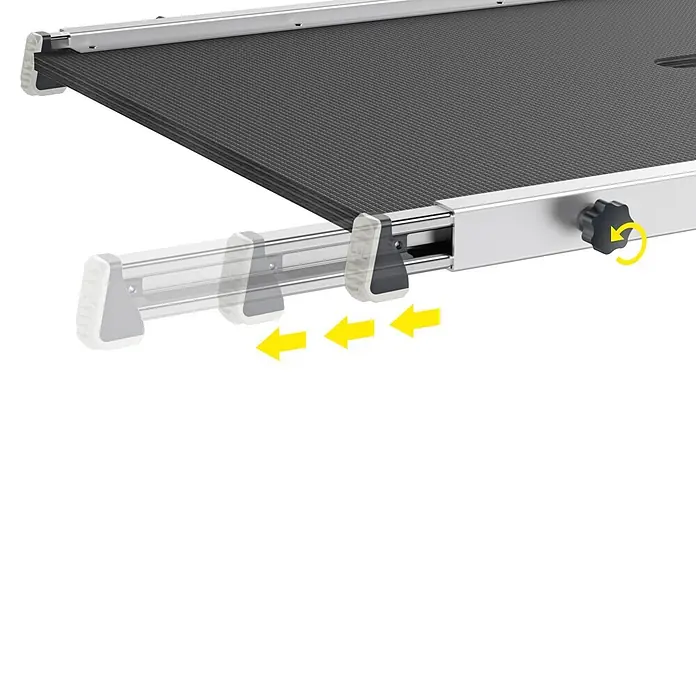 Hailo Treppenpodest TP1 - Belastbarkeit: 150 kg, Aluminium - Detaillierte Ansicht einer ausziehbaren, schwarzen Tischplatte mit silberfarbenem Rahmen und Verstellmechanismus.