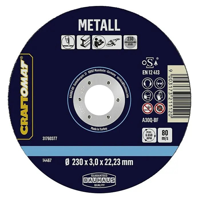 Craftomat Trennscheibe A30Q-BF - Geeignet für: Metall, Durchmesser Scheibe: 230 mm, Stärke Scheibe: 3 mm - Abbildung einer Craftomat Metalltrennscheibe, 230 mm Durchmesser, geeignet für Trennarbeiten an Metall.
