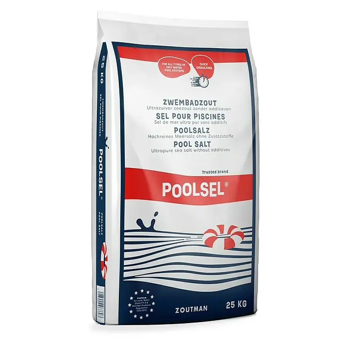 Meersalz - Nettomasse: 25 kg - Abbildung eines Sackes Poolsel Poolsalz mit der Aufschrift "Pool Salt Ultrapure sea salt without additives".