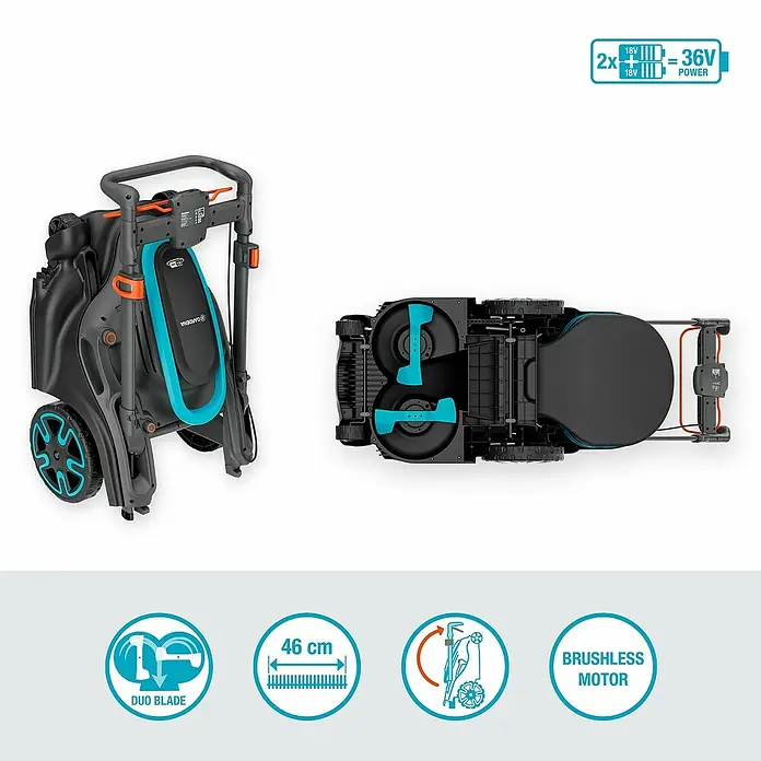 Gardena Power for All 18V Akku-Rasenmäher PowerMax Duo 46/36V - 18 V, 2 Akkus, 2,5 Ah, Schnittbreite: 46 cm - Das Bild zeigt einen Gardena Akku-Rasenmäher mit Duo Blade und Brushless Motor, der 46 cm Schnittbreite bietet und 36V Leistung hat.