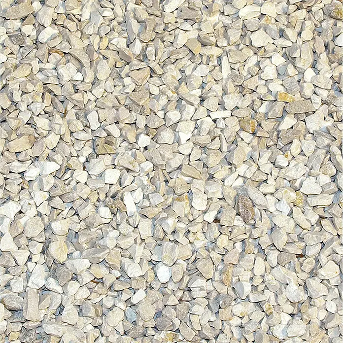 Hamann Mercatus Kalksplitt - Gelb, Körnung: 5 mm - 11 mm, 25 kg - Nahaufnahme von dekorativem Ziersplitt, ideal für Gartenwege und Beete. Das Material ist robust und vielseitig einsetzbar für den Außenbereich.