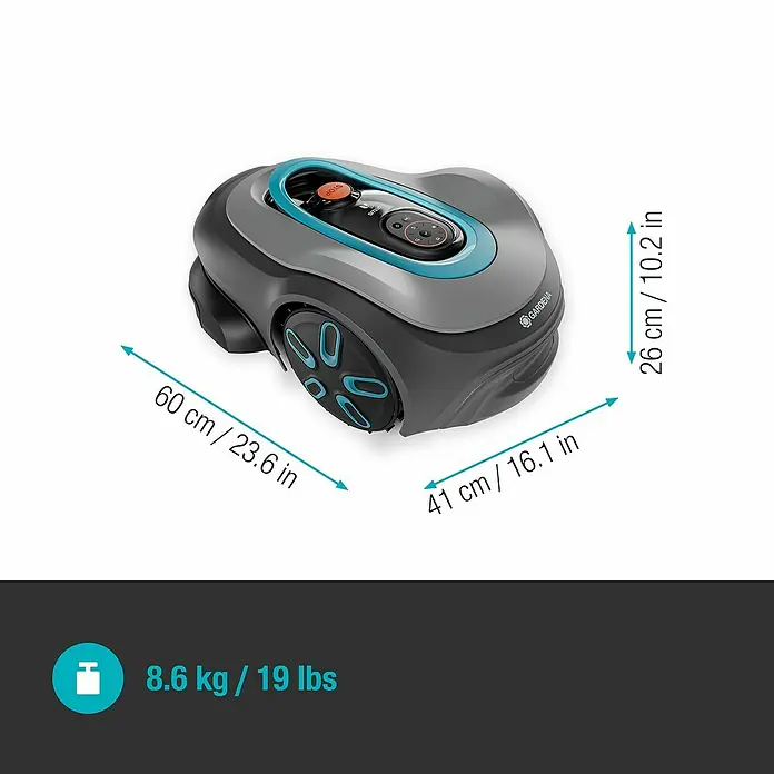 Gardena Mähroboter smart SILENO pro 600 m² - 600 m², Schnittbreite: 16 cm, Induktionsgestützte Navigation, Begrenzungskabel - Abbildung eines Gardena Mähroboters mit Maßangaben und Gewicht.