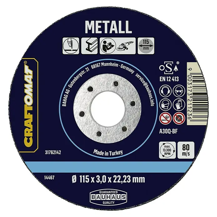 Craftomat Trennscheibe A30Q-BF - Geeignet für: Metall, Durchmesser Scheibe: 115 mm, Stärke Scheibe: 3 mm - Bild einer Trennscheibe "Metall" von Craftomat mit den Maßen 115 x 3,0 x 22,23 mm und einer maximalen Drehzahl von 13.300 U/min.
