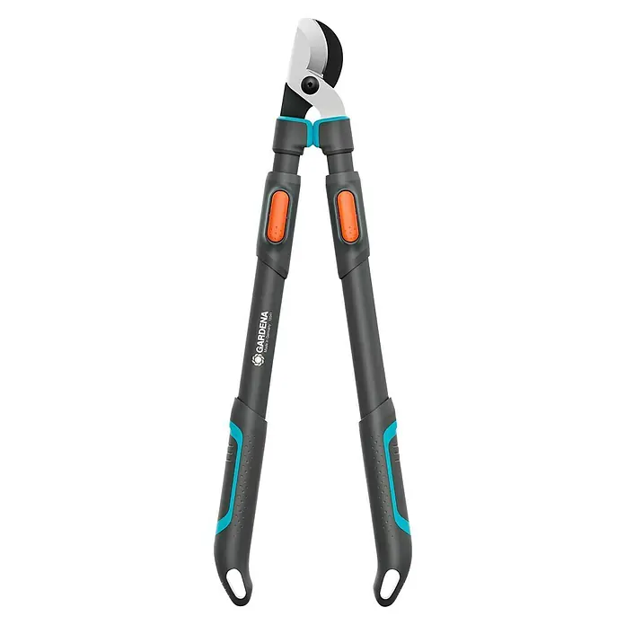 Gardena Astschere TeleCut Pro L - Max. Aststärke: 50 mm - Eine hochwertige Gardena Astschere mit grauen Griffen, blauen Akzenten und orangefarbenen Knöpfen für komfortables Schneiden.