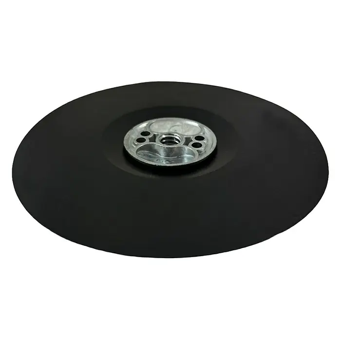 Craftomat Gummi-Stützteller - Durchmesser Scheibe: 180 mm, M14 Gewinde - Schwarze Schleifscheibe mit silberner Nabe in der Mitte. Zum Schleifen von Oberflächen und Materialien in Werkstätten und industriellen Umgebungen.