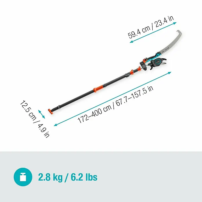 Gardena StarCut Baumsäge Pro L Set - Max. Aststärke: 32 mm, Längenverstellung: 175 cm - 400 cm - Abbildung einer Gardena Astschere mit Maßen und Gewicht für den Verkauf.