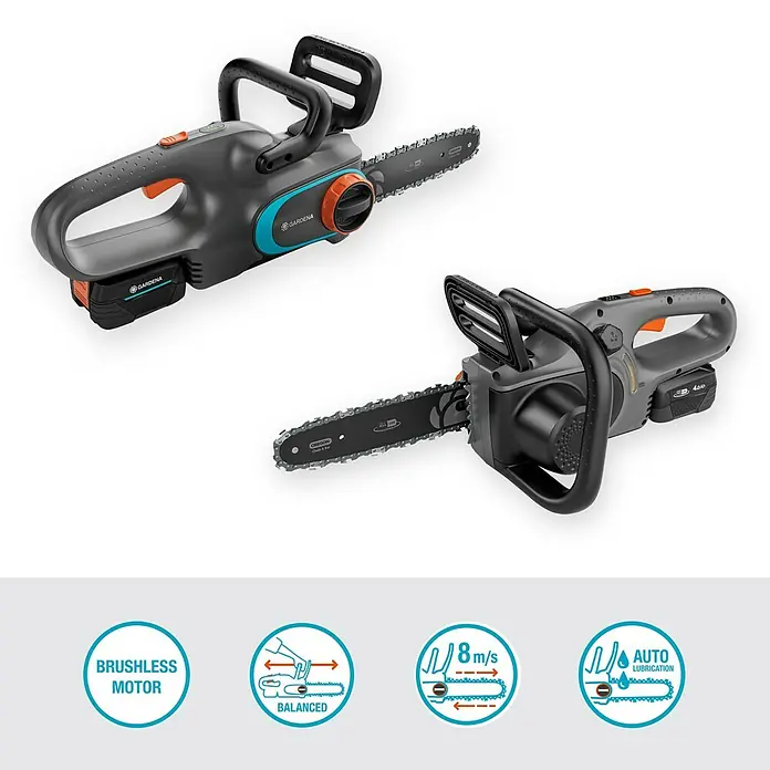 Gardena Power for All 18V Akku-Kettensäge PowerSaw 250/18V - 18 V, 4 Ah, 1 Akku, Schwertlänge: 25 cm - Abbildung von zwei Akku-Kettensägen. Die Akku-Kettensäge bietet einen bürstenlosen Motor und automatische Schmierung für optimale Leistung.