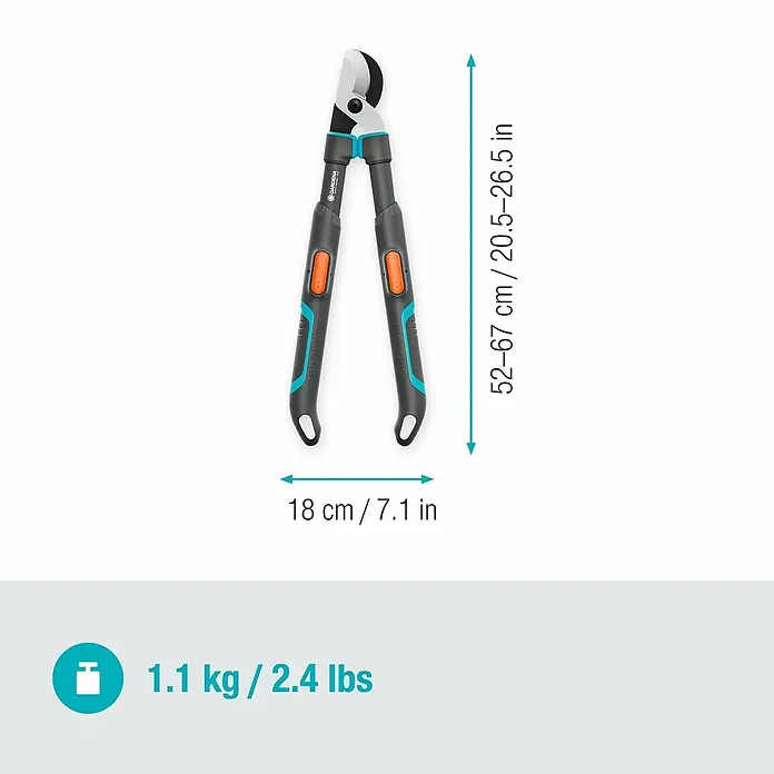 Gardena Astschere TeleCut Pro S - Max. Aststärke: 50 mm - Das Bild zeigt eine Gardena Astschere mit Größen- und Gewichtsangaben. Die Schere ist schwarz mit türkisen Akzenten.