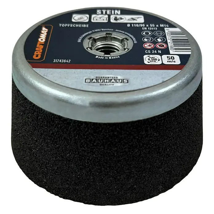 Craftomat Schleiftopf CS24N - Geeignet für: Stein, Max. Arbeitsgeschwindigkeit: 90 m/s - Abgebildete Schleifscheibe "Stein" von Craftomat, ideal zum Bearbeiten von Steinmaterialien, mit den Maßen Ø110/90 x 55 mm und M14-Gewinde.